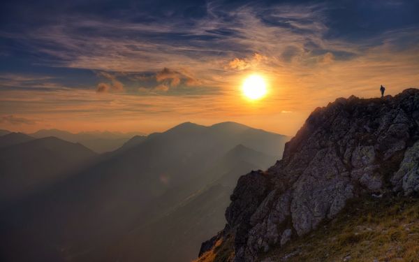 Sun, light, rock, Person, clouds, sky