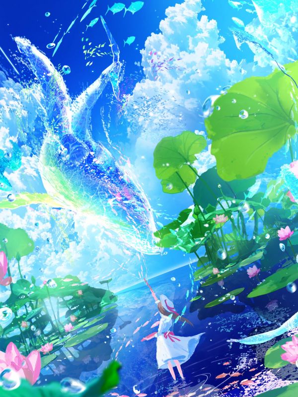 anime girls,acqua,pesce,anime,Magia,Loto