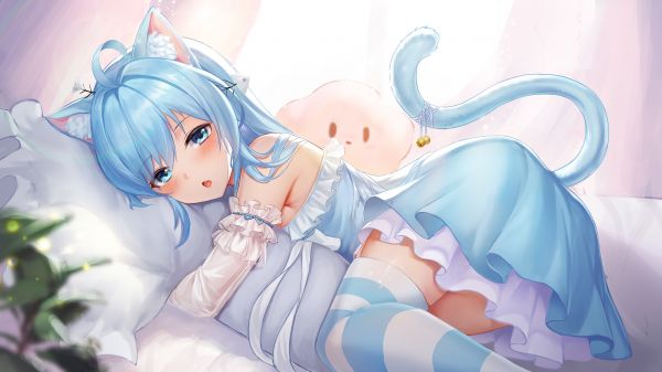 Anime,Chicas anime,en cama,rubor,niña Gata,Orejas de animales