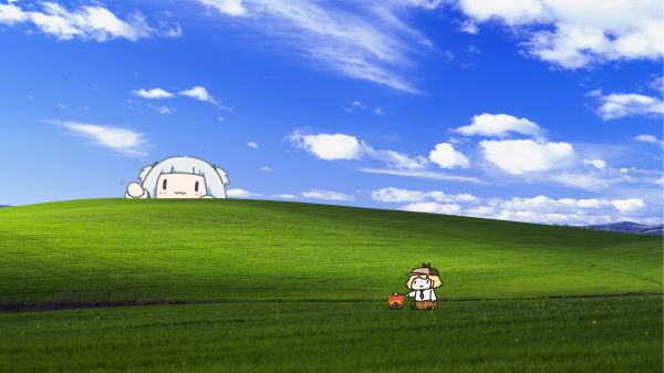 Windows XP,pilviä,ruoho,Hills,anime creatures,parodia