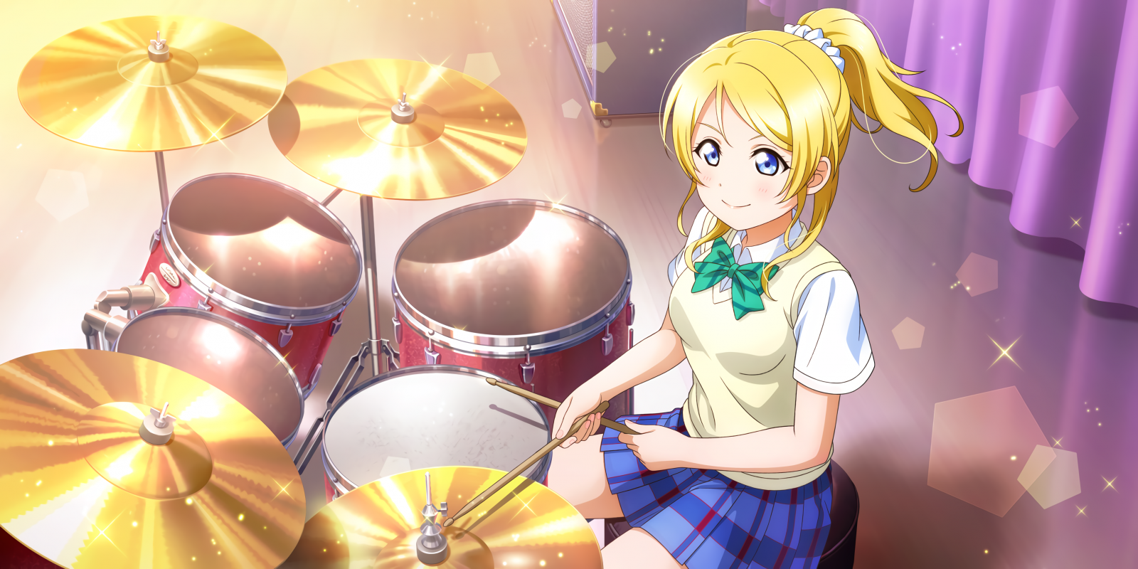 Ayase Eli, Love Live, Anime, Filles anime, tambours, instrument de musique, blond, yeux bleus, uniforme scolaire, queue de cheval