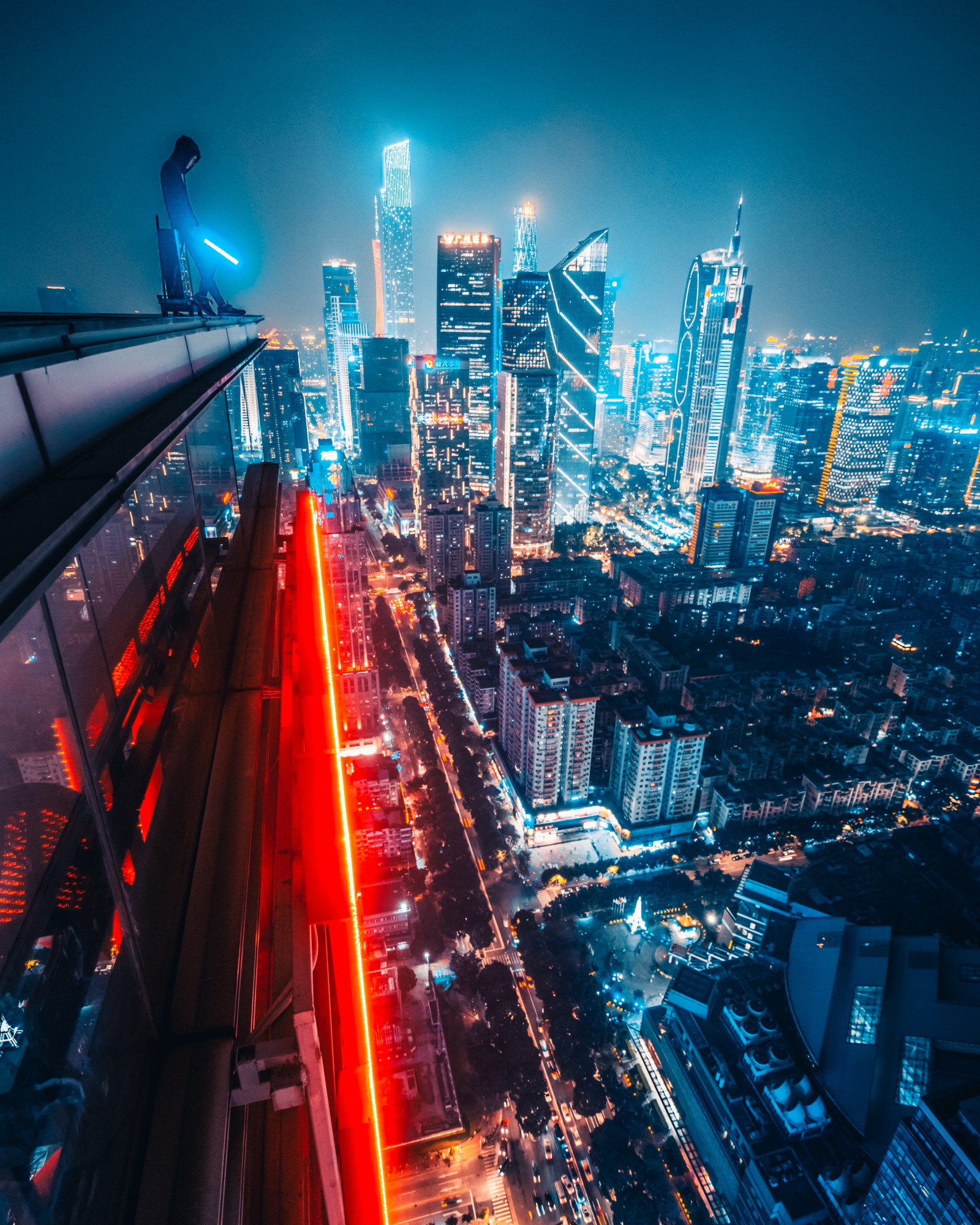 Simon Zhu, guangzhou, Čína, noc, městský, panoráma města, Asie, Světelný meč, neon, město, skycrapers, střechy, noční scéna, architektura, Jedi