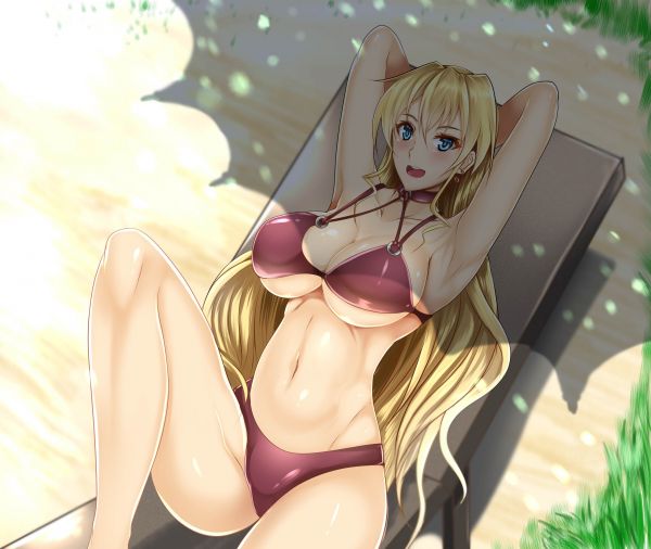 blond,cheveux longs,Anime,Filles anime,yeux bleus,plage