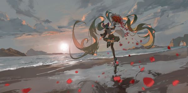 Vocaloid,Hatsune Miku,pantai,from behind,gadis anime,berjalan