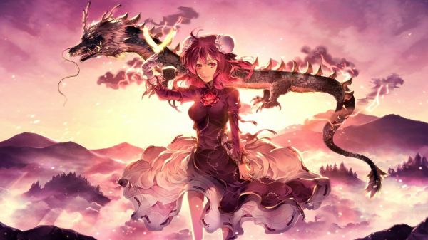 anime, anime girls, illustration, mountains, sky, dragon