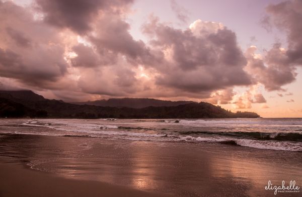 sunset, sea, sunlight, mountains, water, nature