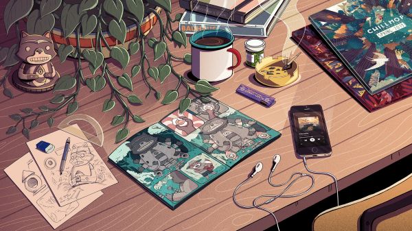 кофе,Chillhop Music,IPhone,стол письменный,Рисование,Spotify