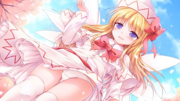 illustration,blonde,anime,blue eyes,wings,white dress