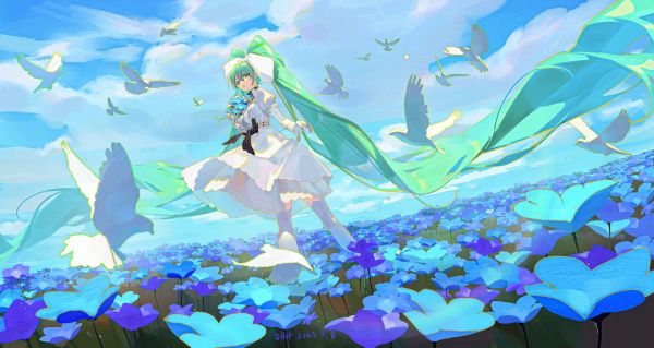 Chicas anime,Flores azules,Flores,Mirando al espectador,Vocaloid,Hatsune Miku