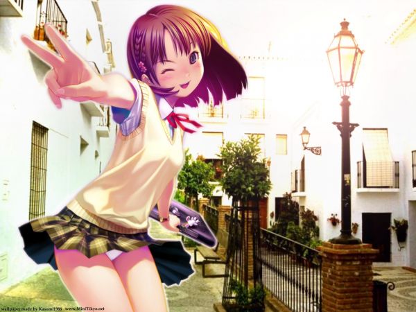 anime,anime girls,mutandine,città,sorridente,gonna