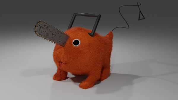 Blender,Pochita Chainsaw Man,arte digital,Motosserra,Fundo cinza,Fundo simples