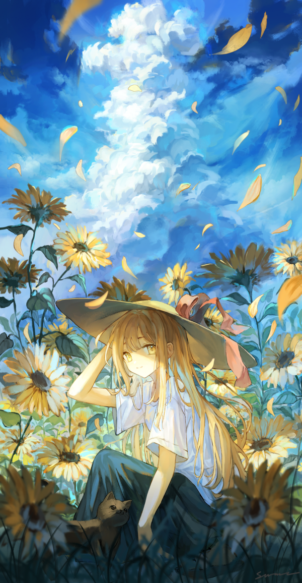 Filles anime,Affichage du portrait,blond,les yeux jaunes,chapeau,Femmes en plein air