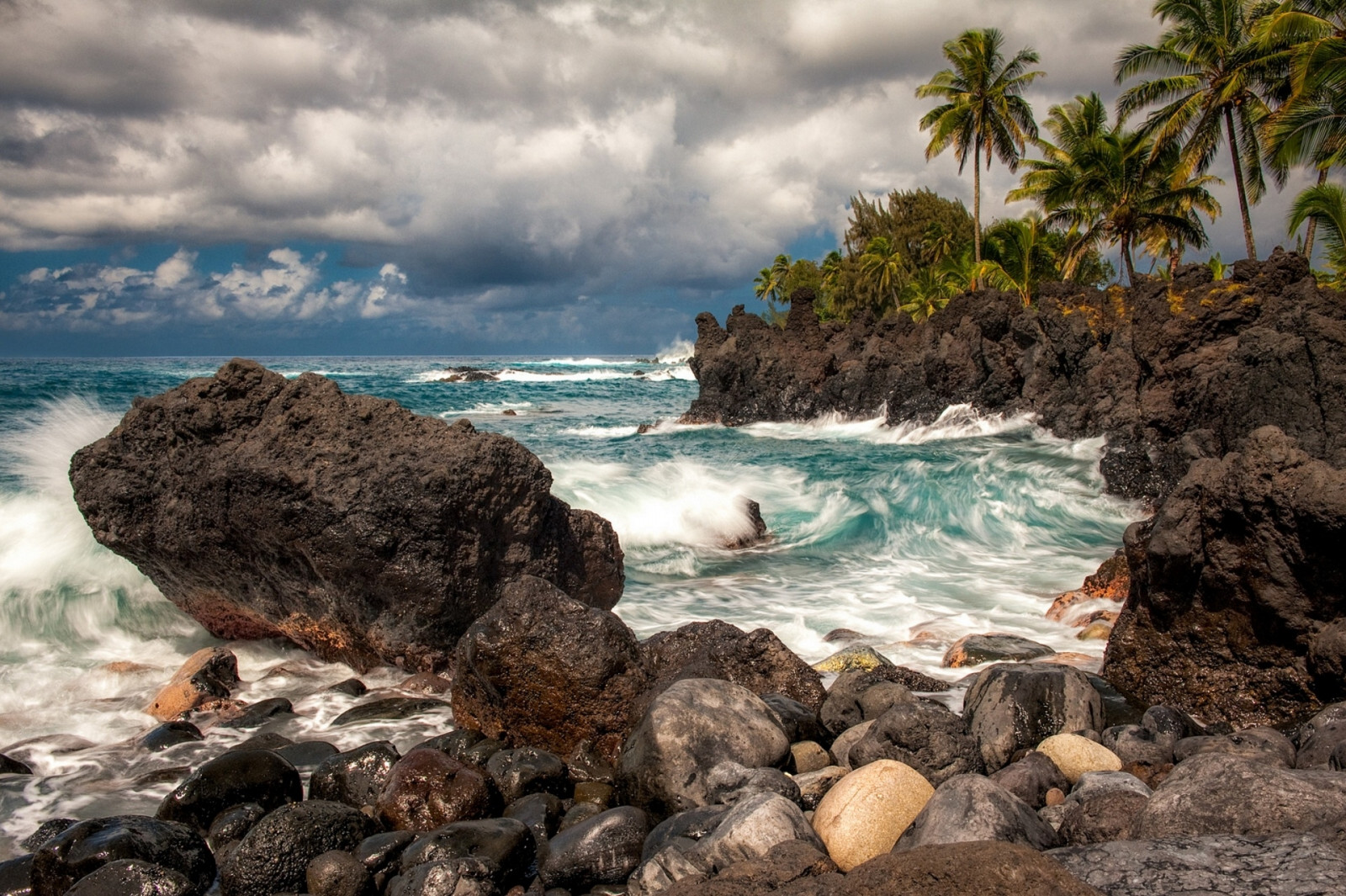 Maui, Hawaii, Pacific Ocean, cliffs, rocks, Surf, palm trees, tropical, coast, ocean