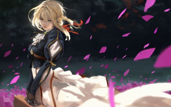 anime,animemeisjes,Violet Evergarden,blauwe ogen,koffer,bloemblaadjes