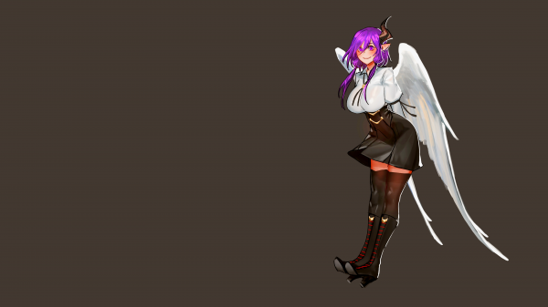 bangs, black legwear, boots, angel wings, arms behind back, black boots