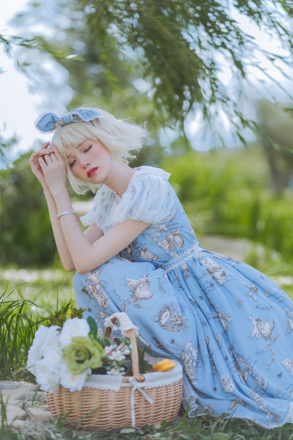 yunxixi,Fotografie,blaues Kleid,erröten,blond,Körbe