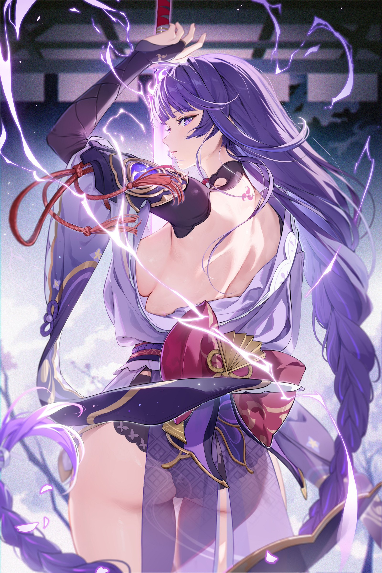 Genshin Impact, artwork, Raiden Shogun Genshin Impact, anime, anime girls, purple hair, purple eyes, Braided hair, katana, Japanese clothes, kimono, sideboob, big boobs, black panties, panties, Houkiboshi