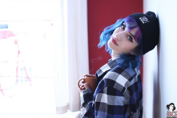 hoed,Fay Suicide,geverfd haar,ogen,Suicide Girls,koffie