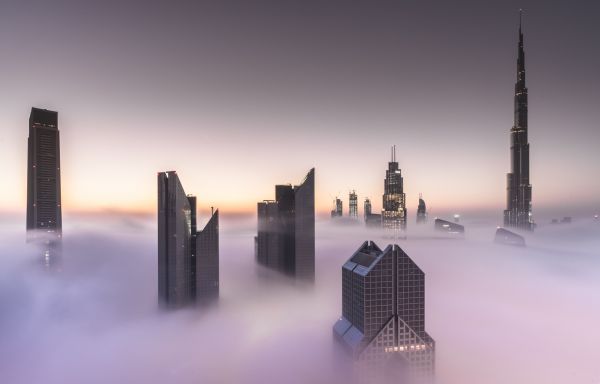 Dubai,paesaggio urbano,nebbia,Burj Khalifa,Emirati Arabi Uniti