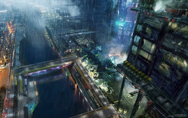 ศิลปะจินตนาการ, cityscape, cyberpunk, ฝน, ตึกระฟ้า, การสะท้อน