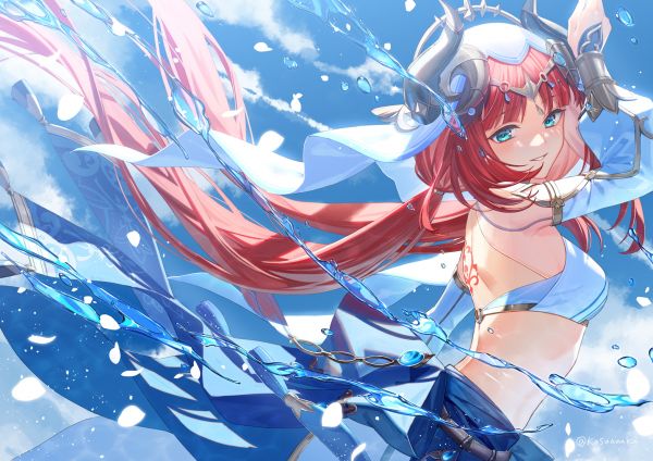 anime girls,readhead,horns,Water Splash,blue eyes,Genshin Impact