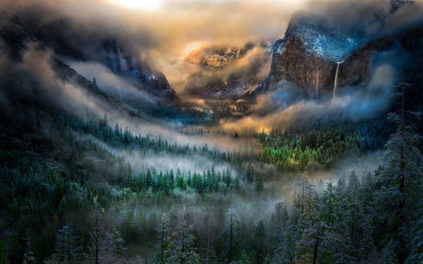 landschap,bergen,waterval,natuur,zonlicht,Bos