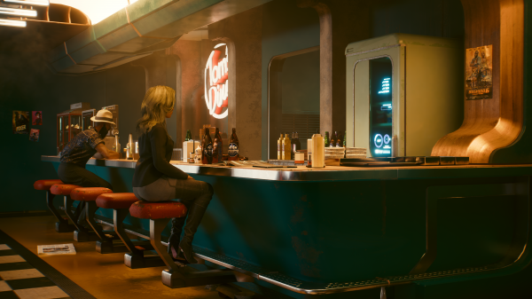 Cyberpunk 2077,video games,CGI,bar,chair,sitting