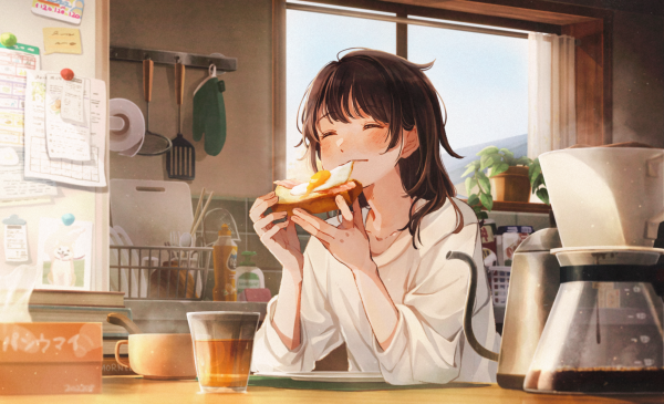 gadis anime, roti panggang, telur, makanan, mata tertutup, kopi