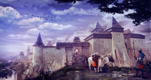 Kingdom Come Deliverance,painting,cityscape,building,evening,castle