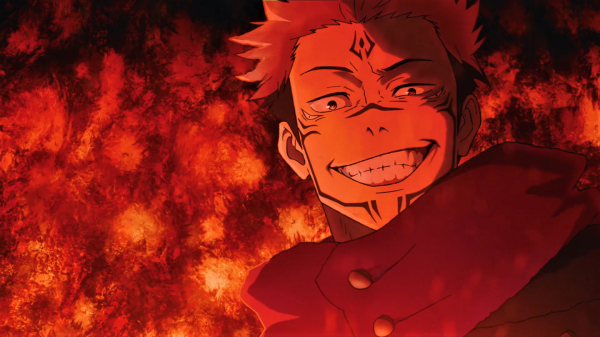 Jujutsu Kaisen,Sukuna,Ryomen Sukuna,sorridente,tatuagem,cabelo rosa