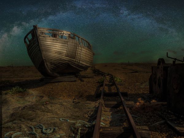 landscape,night,sky,abandoned,vehicle,stars