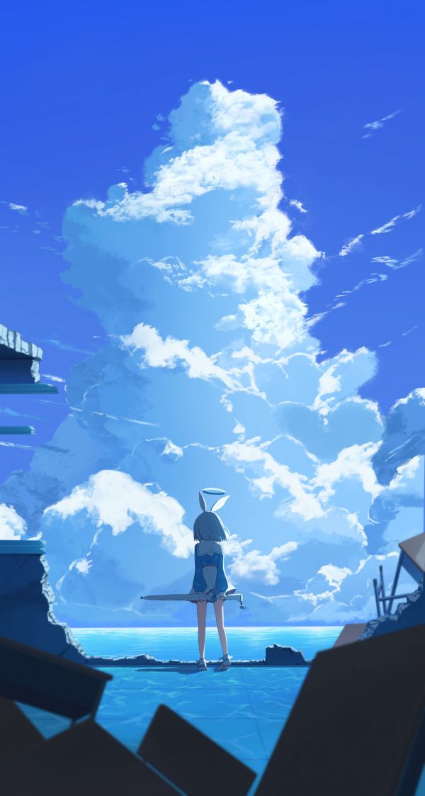 アニメの女の子,ポートレート表示,anime games,雲,arona blue archive,青い背景