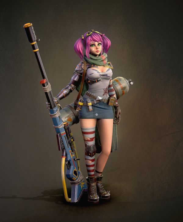 women,sniper rifle,Alina Dikareva,CGI,pink hair,twintails