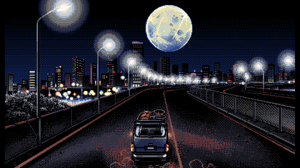 PC 98,pixel art,tmavé pozadie,panorámu mesta,vozidlo,cestné