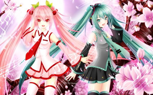 初音未来,佐仓美久,红眼睛,粉红色的头发,丝袜,短裙