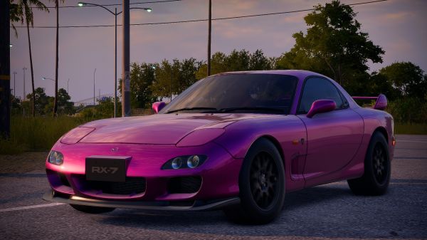 sky,Mazda RX 7,Mazda,car,trees,street view