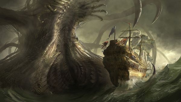 fantasy art, digital art, Kraken, sea, creature, open mouth