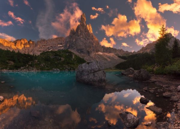 luz de sol, Árboles, paisaje, montañas, puesta de sol, mar