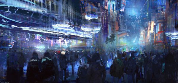 ศิลปะดิจิตอล, เมือง, กลางคืน, นิยาย, cityscape, cyberpunk