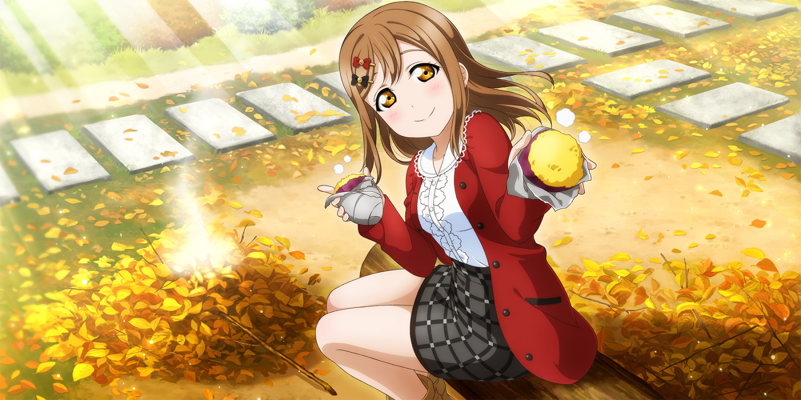 Amore Luce del sole diretta, Kunikida Hanamaru, anime girls, guardando spettatore, gonna, mangiare