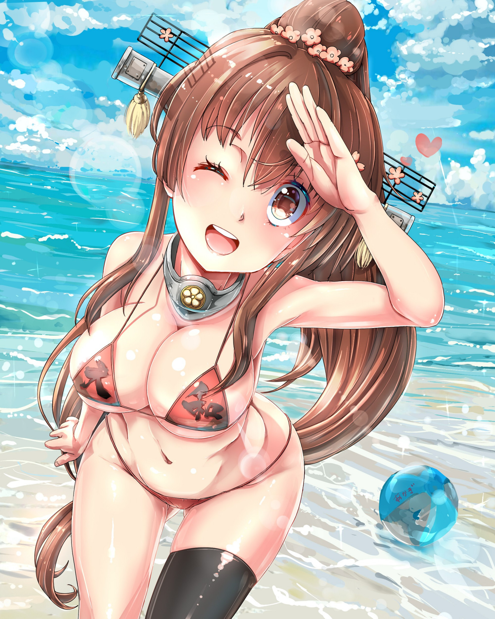 ilustrace, moře, dlouhé vlasy, anime, anime dívky, voda, velká prsa, kreslená pohádka, Kantai Collection, černé vlasy, výstřih, bikiny, prsa, open shirt, plavky, Yamato KanColle, oblečení, Podbohu, mangaka