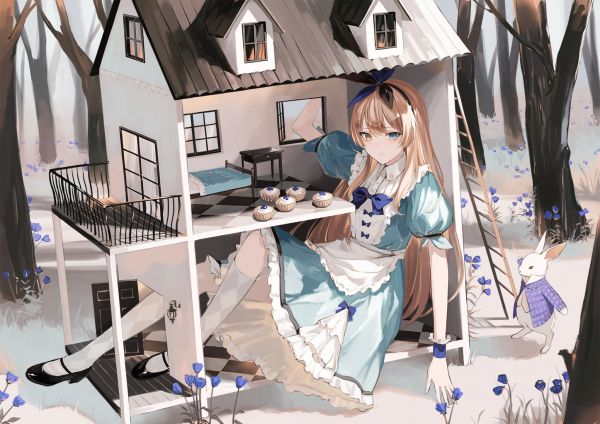 Alice in Wonderland,house,White Rabbit,blue dress,heterochromia,flowers