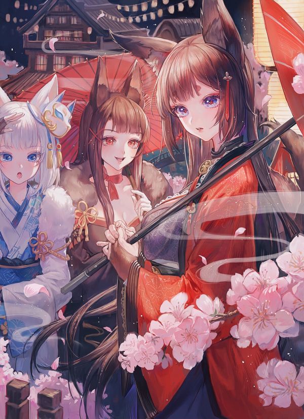 Kaga Azur Lane, Akagi Azur Lane, wanita, fox gadis, rambut putih, Amagi Azur Lane