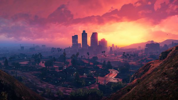 schwerer Kraftfahrzeugdiebstahl,Grand Theft Auto V,Sonnenuntergang,Stadt,Berge