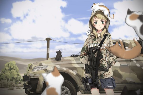 アニメの女の子,車,ネコ,2000x1333ピクセル,小型機関銃,トヨタ