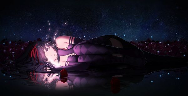 Illustration, lange Haare, Anime, Anime Mädchen, Blumen, Nacht-