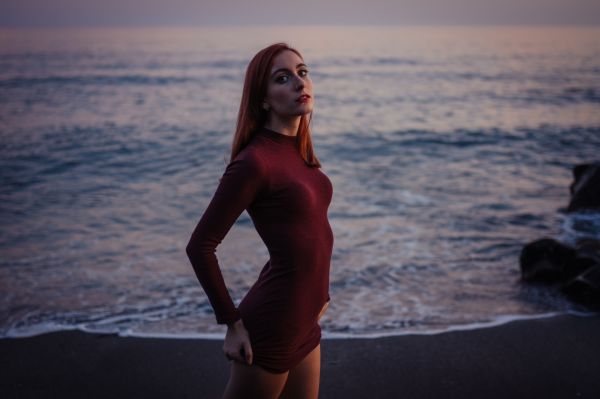 retrato, Pôr do sol, mar, mulheres, Ruiva, modelo