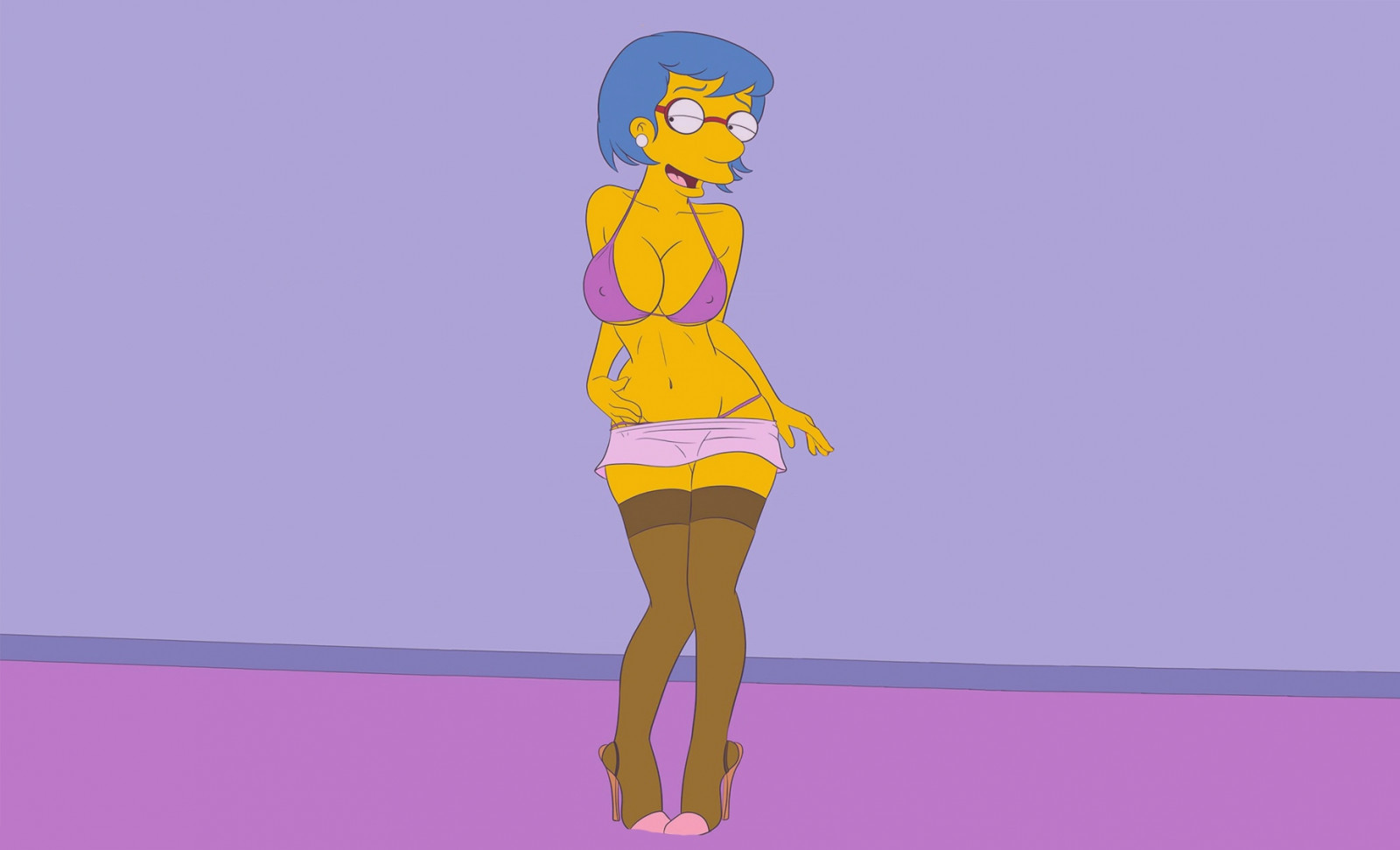 Luann Van Houten, mujer, dibujos animados, lencería, pelo azul, gafas, Medias, sostén, Los Simpsons