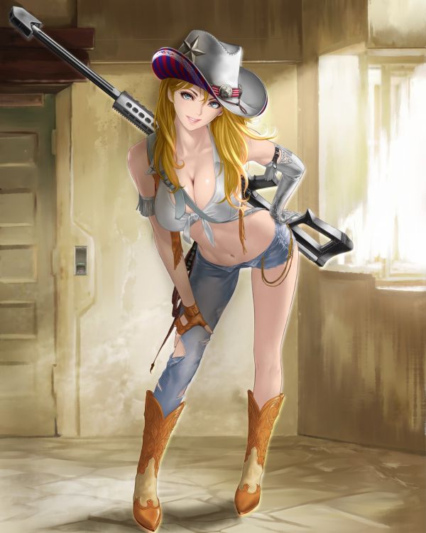 pistola,Anime,Chicas anime,sombrero,arma,escote