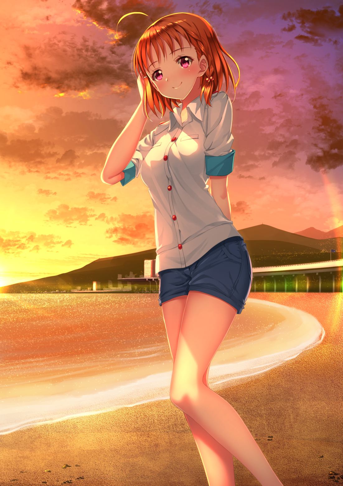 Anime, Filles anime, Love Live Sunshine, cheveux courts, roux, les yeux rouges, plage, mer, le coucher du soleil, jambes